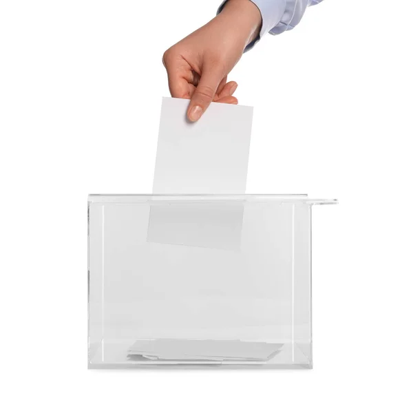 Vrouw Haar Stem Ingebruikneming Stembus Witte Achtergrond Close — Stockfoto