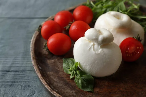 Delicious Burrata Cheese Tomatoes Grey Wooden Table Closeup Space Text — Stock Photo, Image