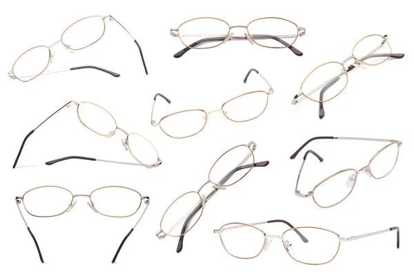 Κολάζ Γυαλιά Που Απομονώνονται Λευκές Διαφορετικές Πλευρές — Φωτογραφία Αρχείου
