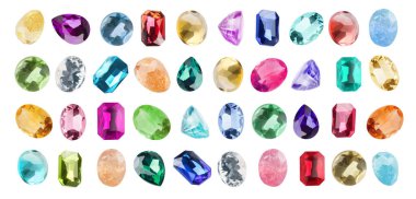 Beyazlara izole edilmiş kuyumcular için farklı parlak değerli taşlar.