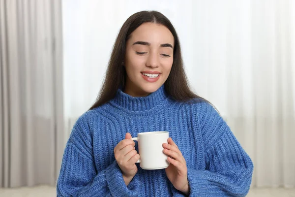 Happy Young Woman Holding White Ceramic Mug Home — Stock Photo, Image