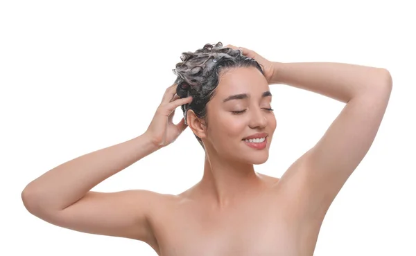 Beautiful Happy Woman Washing Hair White Background — Stock Photo, Image