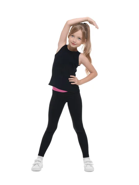Mała Dziewczynka Robi Poranne Ćwiczenia Białym Tle — Zdjęcie stockowe