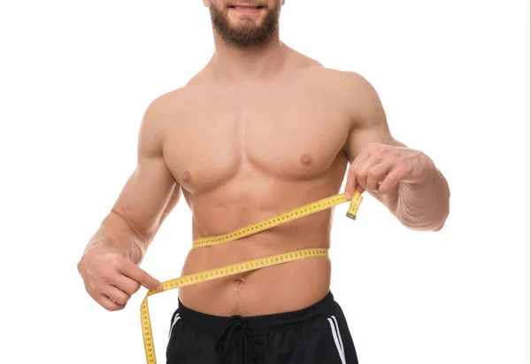 Athletischer Mann Taille Mit Klebeband Auf Weißem Hintergrund Nahaufnahme Konzept — Stockfoto
