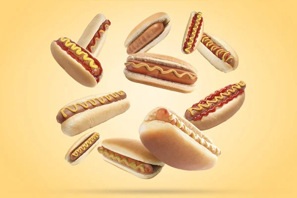 Viele Leckere Hot Dogs Auf Beigem Hintergrund — Stockfoto