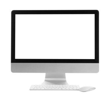 Beyaz arkaplanda boş ekranı, klavyesi ve faresi olan yeni bilgisayar