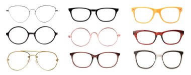 Beyaza izole edilmiş farklı gözlüklerle ayarlanmış