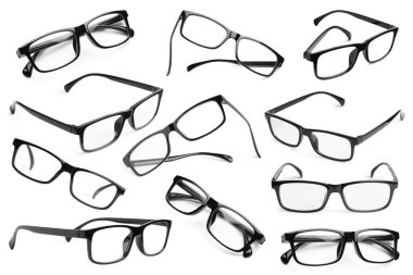 Gözlüklü kolaj beyaz, farklı taraflarda izole edilmiş