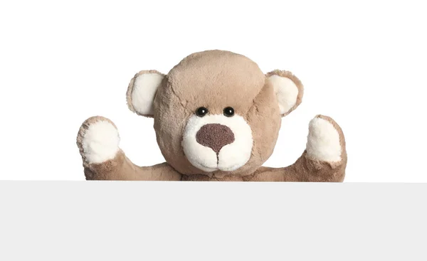 Niedlicher Teddybär Mit Leerer Karte Auf Weißem Hintergrund — Stockfoto
