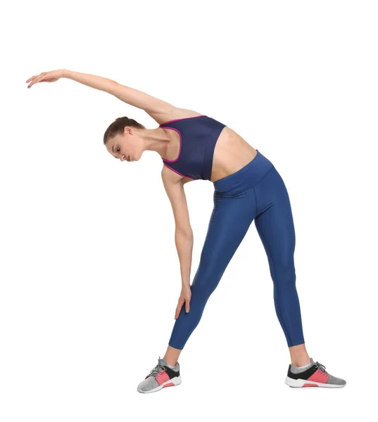 Yoga Workout Junge Frau Dehnt Sich Auf Weißem Hintergrund — Stockfoto