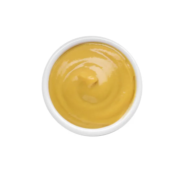 Bowl Delicious Mustard White Background Top View — Stock Photo, Image