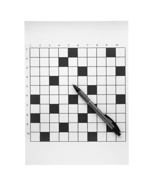 Leere Kreuzworträtsel Und Stift Auf Weißem Hintergrund Ansicht Von Oben — Stockfoto