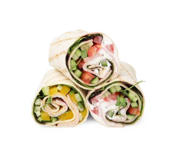 Deliciosas Envolturas Sándwich Con Verduras Frescas Aisladas Blanco —  Fotos de Stock