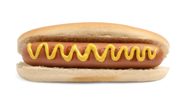 Delicioso Hot Dog Con Mostaza Sobre Fondo Blanco —  Fotos de Stock