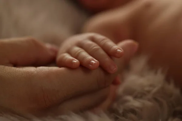 Madre Sosteniendo Mano Bebé Recién Nacido Una Manta Esponjosa Cerca —  Fotos de Stock