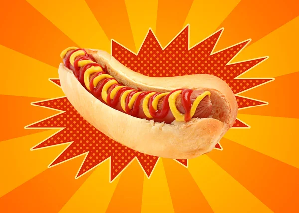 Delicioso Hot Dog Con Ketchup Mostaza Sobre Fondo Cómico Brillante —  Fotos de Stock
