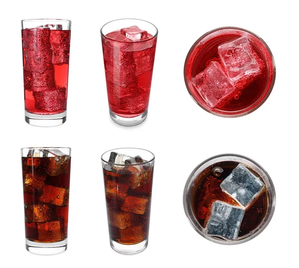 Вкусные Освежающие Напитки Кубиками Льда Белом Фоне Сверху Сбоку Дизайн — стоковое фото