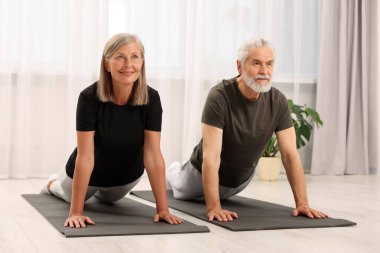Evde paspaslar üzerinde yoga yapan yaşlı çift.