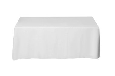 Beyaz masa örtüsü olan masa beyaza izole edilmiş.