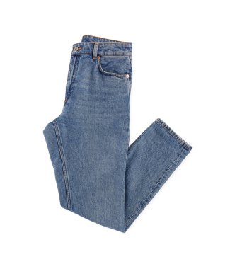 Blue jeans isolated on white, top view. Stylish clothes