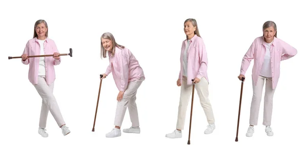 白い背景に杖を歩いているシニア女性の写真とのコラージュ — ストック写真