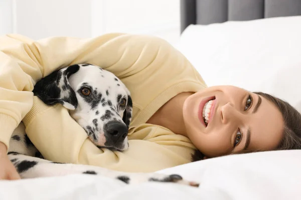 Beautiful Woman Her Adorable Dalmatian Dog Bed Home Lovely Pet — Stock Photo, Image