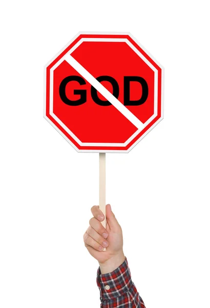Koncepcja Ateizmu Mężczyzna Gospodarstwa Ban Znak Wykreślonym Słowem Bóg Białym — Zdjęcie stockowe