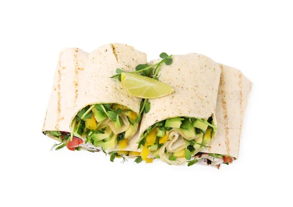 Deliciosos Envoltórios Sanduíche Com Legumes Frescos Fatia Limão Isolado Branco — Fotografia de Stock
