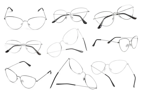 Collage Med Glasögon Isolerade Vita Olika Sidor — Stockfoto