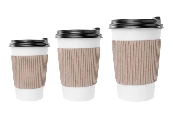 Drink Set Mit Drei Kaffeetassen Aus Papier Unterschiedlicher Größe Isoliert — Stockfoto