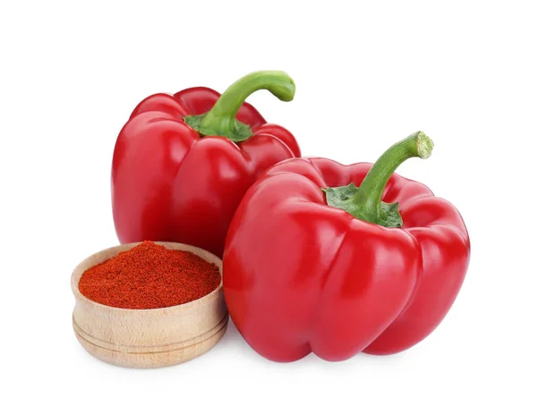 Bowl Aromatic Paprika Powder Fresh Bell Peppers Isolated White — Stock Photo, Image