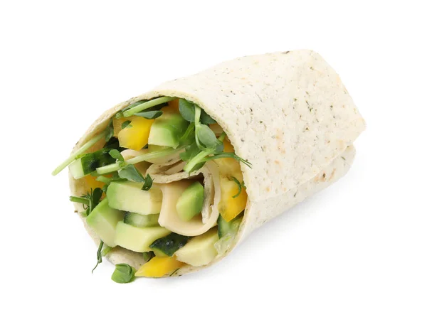 白で分離した新鮮な野菜を使った美味しいサンドイッチラップ — ストック写真