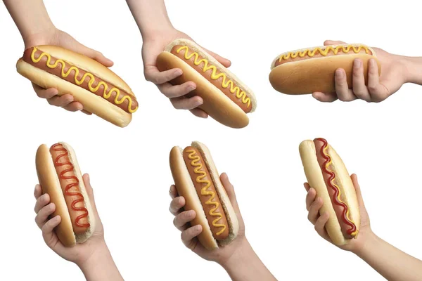 Collage Avec Des Photos Personnes Tenant Des Hot Dogs Savoureux — Photo