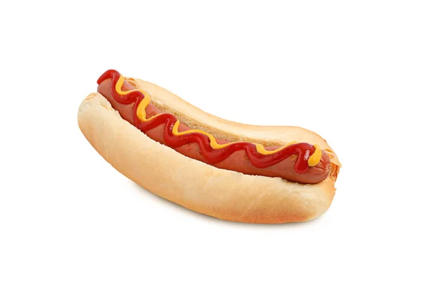 Lekkere Hotdog Met Ketchup Mosterd Geïsoleerd Wit — Stockfoto