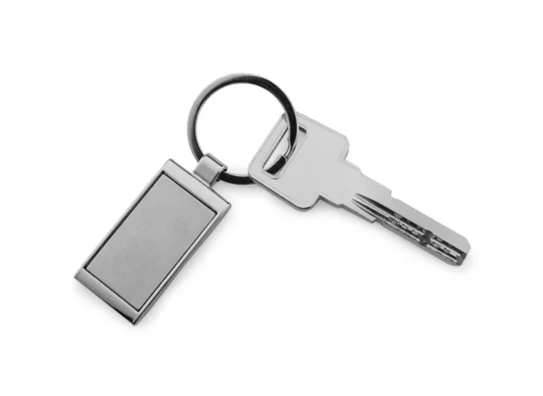Schlüssel Mit Metallischem Schlüsselanhänger Isoliert Auf Weiß Draufsicht — Stockfoto