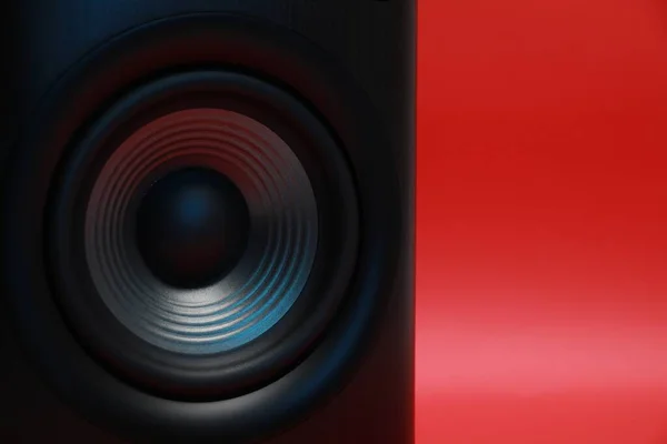 One wooden sound speaker on red background, closeup. Space for text