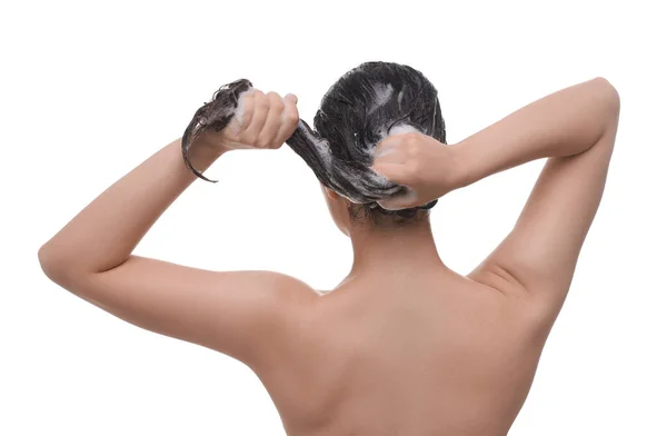 Woman Washing Hair White Background Back View — Stock Photo, Image