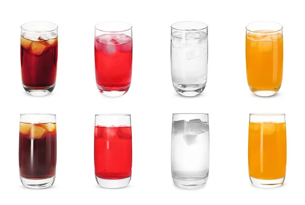Collage Sabrosas Bebidas Refrescantes Con Hielo Sobre Fondo Blanco —  Fotos de Stock