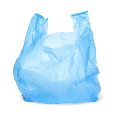 Bir açık mavi plastik çanta beyaza izole edilmiş.