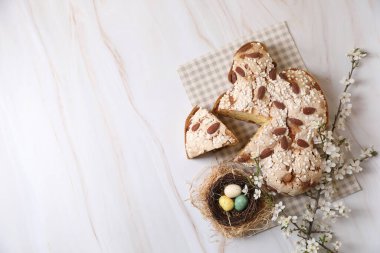 Lezzetli İtalyan Paskalya güvercini pastası (geleneksel Colomba di Pasqua), boyanmış yumurtalar ve beyaz masa üzerinde çiçek açan dallarla dekoratif yuva, düz yatak. Metin için boşluk