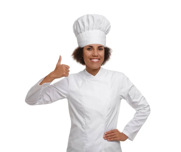 Chef Feminino Feliz Uniforme Mostrando Polegar Fundo Branco — Fotografia de Stock