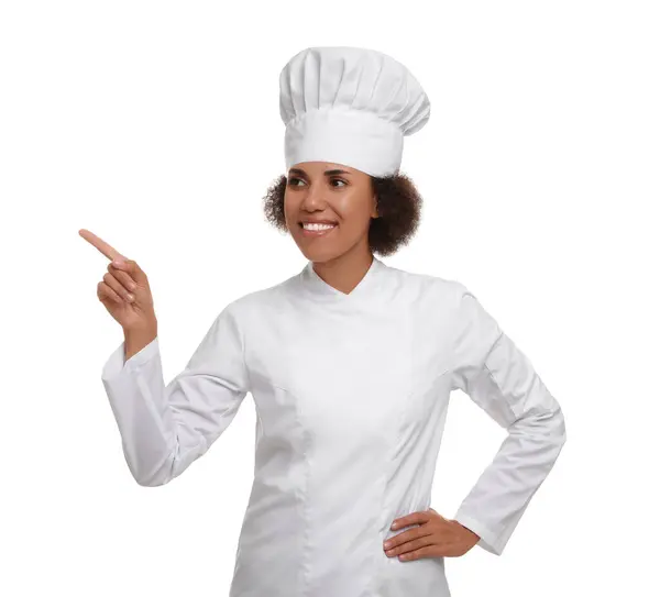 Glad Kvinnlig Kock Uniform Pekar Något Vit Bakgrund — Stockfoto