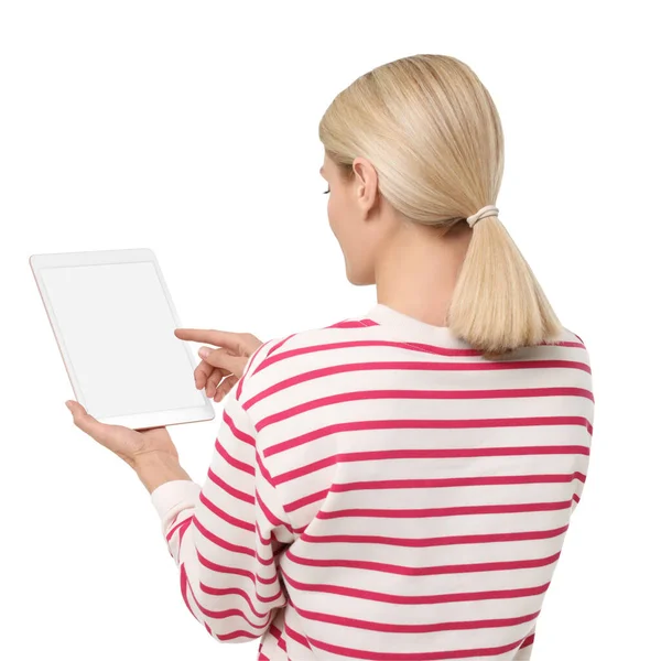 Donna Che Utilizza Tablet Con Schermo Bianco Sfondo Bianco Vista — Foto Stock