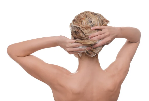 Woman Washing Hair White Background Back View — Stock Photo, Image