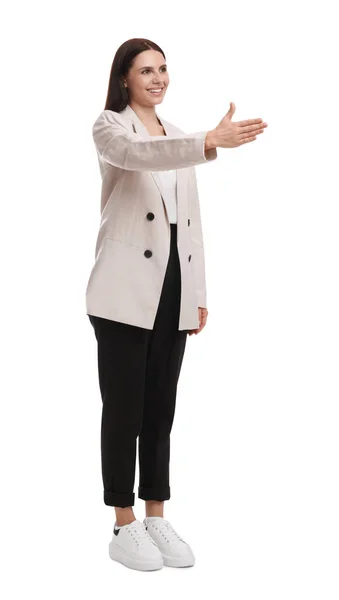 Belle Jeune Femme Affaires Costume Sur Fond Blanc — Photo