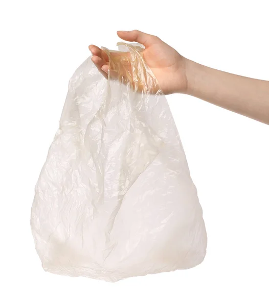 Woman Holding Empty Plastic Bag White Background Closeup — Stock Photo, Image