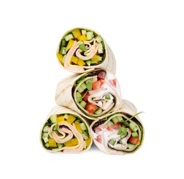 Deliciosos Envoltórios Sanduíche Com Legumes Frescos Isolados Branco — Fotografia de Stock