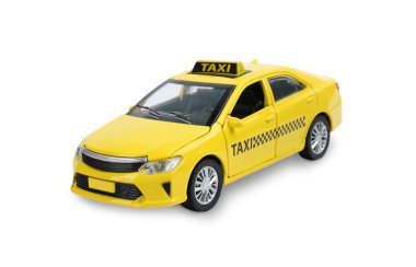 Sarı taksi arabası beyazda izole edilmiş. Çocuk oyuncağı.