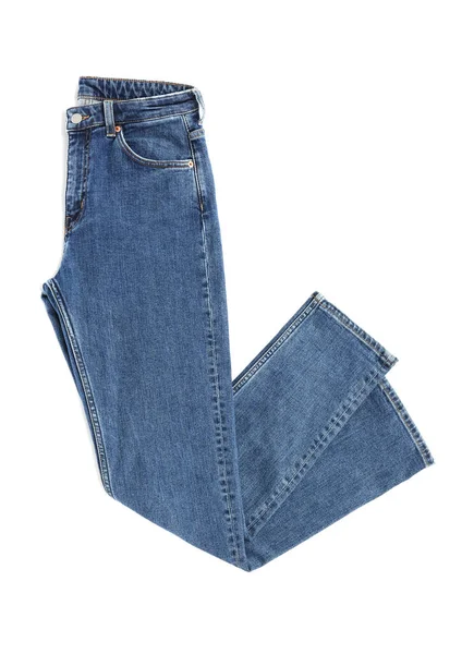 Calça Jeans Azul Escuro Isolada Vista Superior Branca Roupas Elegantes — Fotografia de Stock