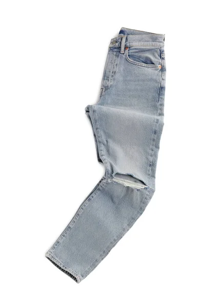 Calça Jeans Azul Claro Enrugada Isolada Branco Vista Superior Roupas — Fotografia de Stock